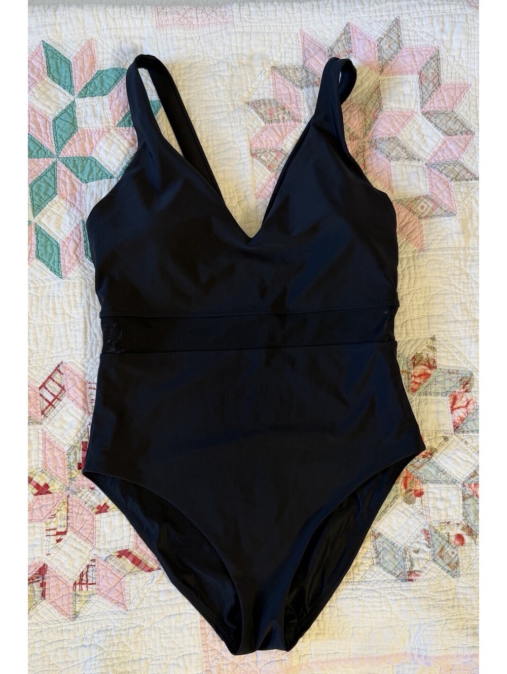 Sweaty Betty Black 1 Pc Slimming Mesh Tummy Wide Strap Swimsuit XL  EUC Beach